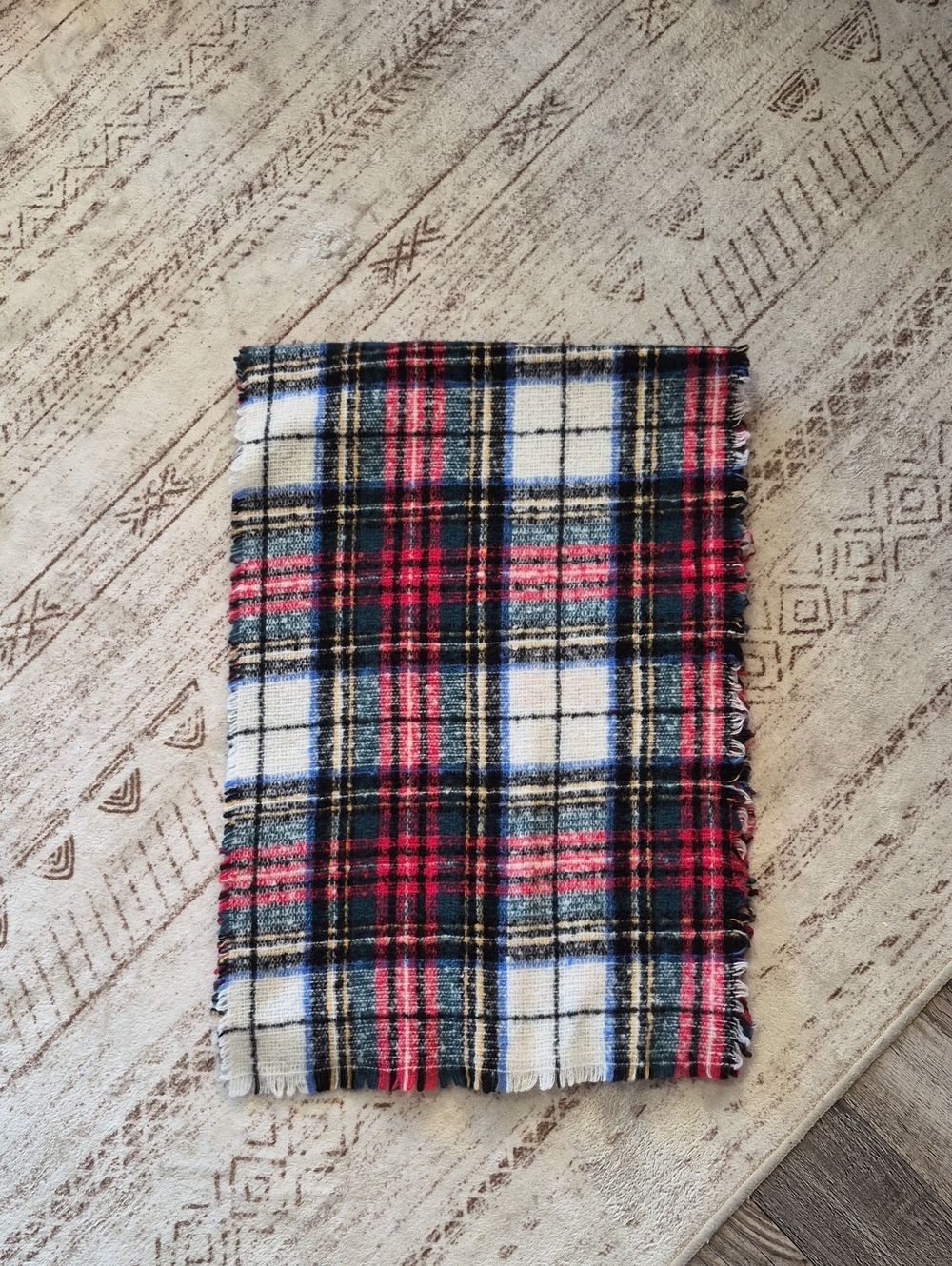 Red, Black & Cream Plaid Fringe Scarf
